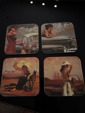 Vintage Pin-Up Car Coasters Set - Retro Women & Classic Cars